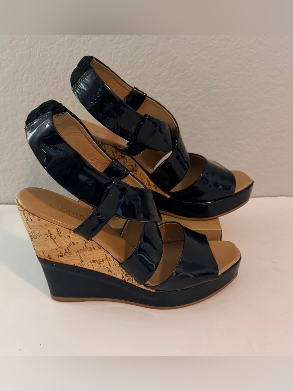 A. Bottega Black Patent Leather Cork Wedge Slingback Sandal – Size 37